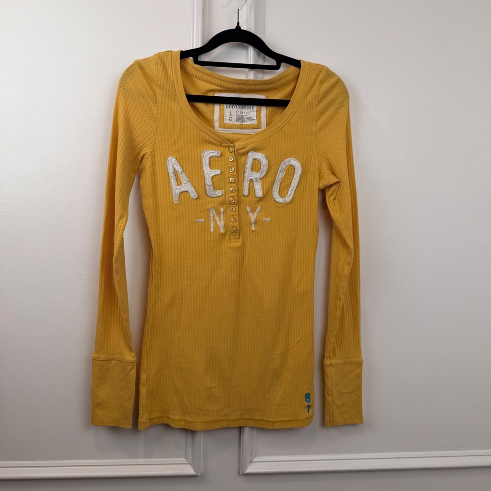 Aeropostale Womens Ribbed Henley Long Sleeve Aero NY Top Large Y2K 2000's